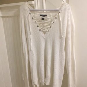 White lace up sweater